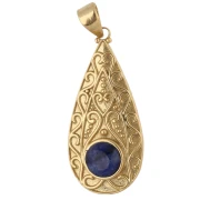 Pendente a goccia in stile etnico 39x18 mm con pietra semipreziosa da 8 mm - Zaffiro - Dorato con oro fino