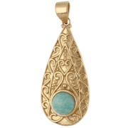 Pendente a goccia in stile etnico 39x18 mm con pietra semipreziosa da 8 mm - Amazonite - Dorato con oro fino