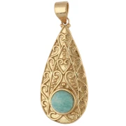 Pendente a goccia in stile etnico 39x18 mm con pietra semipreziosa da 8 mm - Amazonite - Dorato con oro fino