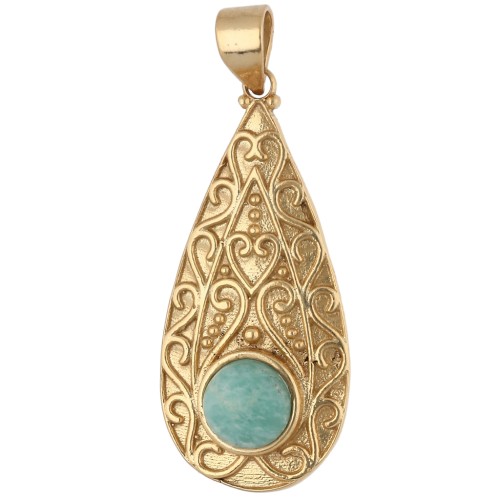 Pendente a goccia in stile etnico 39x18 mm con pietra semipreziosa da 8 mm - Amazonite - Dorato con oro fino
