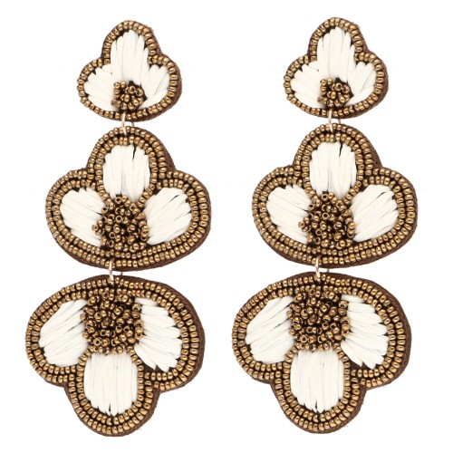 Orecchini pendenti 99x45 mm in rafia e perle ricamate - Bronzo - Ecru x2