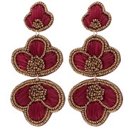 Orecchini pendenti 99x45 mm in rafia e perle ricamate, color bronzo - bordeaux, coppia