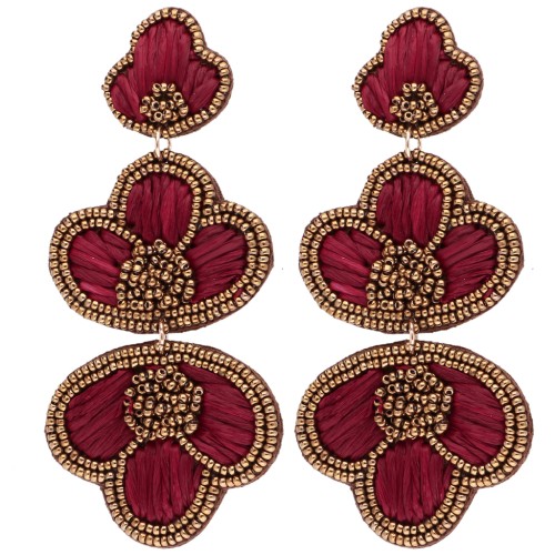 Orecchini pendenti 99x45 mm in rafia e perle ricamate, color bronzo - bordeaux, coppia