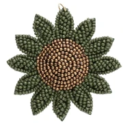 Pendente a forma di fiore di girasole da 60 mm in perle ricamate - Colore kaki - Bronzo x1