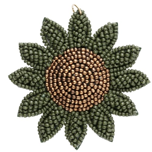 Pendente a forma di fiore di girasole da 60 mm in perle ricamate - Colore kaki - Bronzo x1