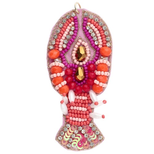 Pendente a forma di aragosta 73x32 mm in perle ricamate - Rosa - Arancione x1