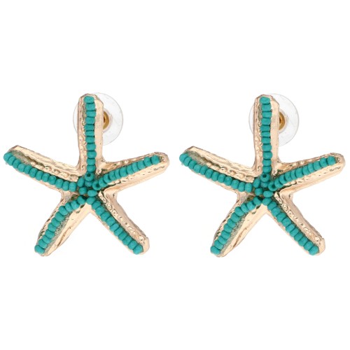 Orecchini a forma di stella marina 35x37 mm con perle - Dorati - Turchese x2