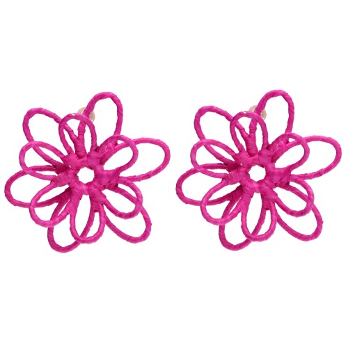 Orecchini a forma di fiore in filo - effetto 3D - 52 mm in rafia - Fucsia x2