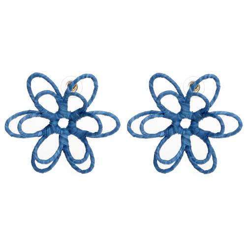 Orecchini a forma di fiore in filo - effetto 3D - 52 mm in rafia - Blu x2