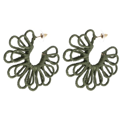 Orecchini a cerchio a forma di fiore in filo - effetto 3D - 57 mm in rafia - Colore kaki x2