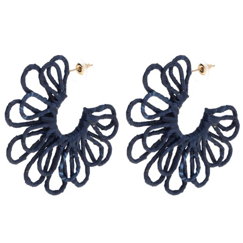 Orecchini a cerchio a forma di fiore in filo - effetto 3D - 57 mm in rafia - Blu notte x2
