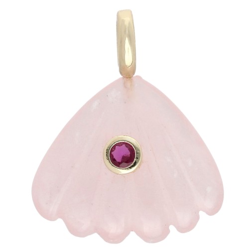 Pendente a forma di conchiglia 27x22 mm con pietra semipreziosa e ossido di zirconio - Quarzo rosa x1