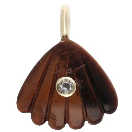Pendente a forma di conchiglia 27x22 mm con pietra semipreziosa e ossido di zirconio - Occhio di tigre