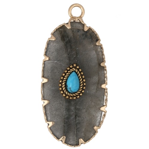 Pendente ovale 35x16 mm in pietra semipreziosa e imitazione turchese - Labradorite x1