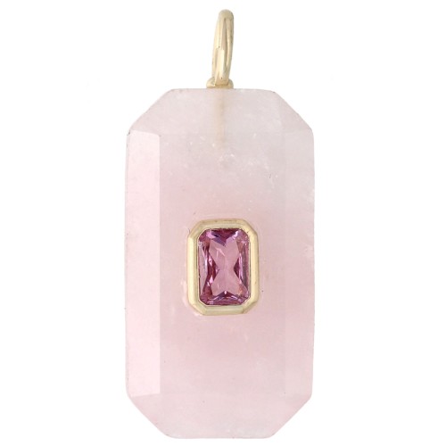 Pendente rettangolare 34x15 mm con pietra semipreziosa e zirconi - Quarzo rosa - Rosa o viola