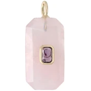 Pendente rettangolare 34x15 mm con pietra semipreziosa e zirconi - Quarzo rosa - Rosa o viola
