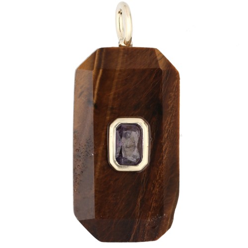 Pendente rettangolare 34x15 mm con pietra semipreziosa e zirconi - Occhio di tigre - Rosa o viola