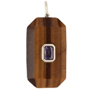 Pendente rettangolare 34x15 mm con pietra semipreziosa e zirconi - Occhio di tigre - Rosa o viola