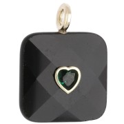 Pendente quadrato sfaccettato 33x25 mm in pietra semipreziosa e cuore in CZ - Onice nero x1