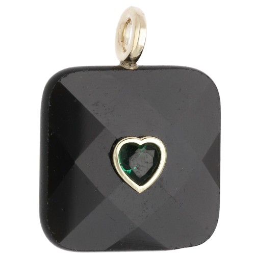 Pendente quadrato sfaccettato 33x25 mm in pietra semipreziosa e cuore in CZ - Onice nero x1