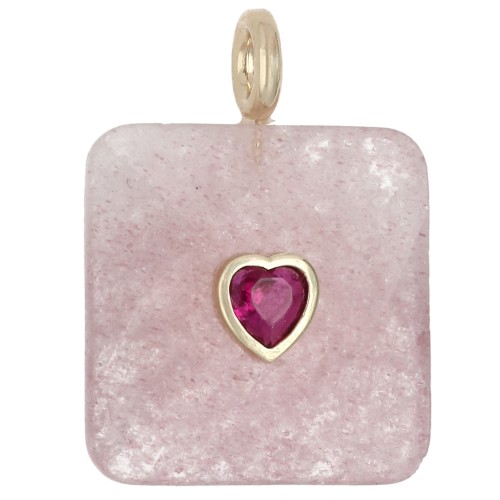 Pendente quadrato sfaccettato 33x25 mm in pietra semipreziosa e cuore in CZ - Strawberry Quartz