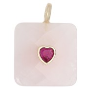 Quarzo rosa - Pendente quadrato sfaccettato 33x25 mm in pietra semipreziosa e cuore in CZ - Quarzo rosa x1 Pendente quadrato sfaccettato 33x25 mm in pietra semipreziosa e cuore in CZ - Quarzo rosa x1