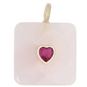Pendente quadrato sfaccettato 33x25 mm in pietra semipreziosa e cuore in CZ - Quarzo rosa x1