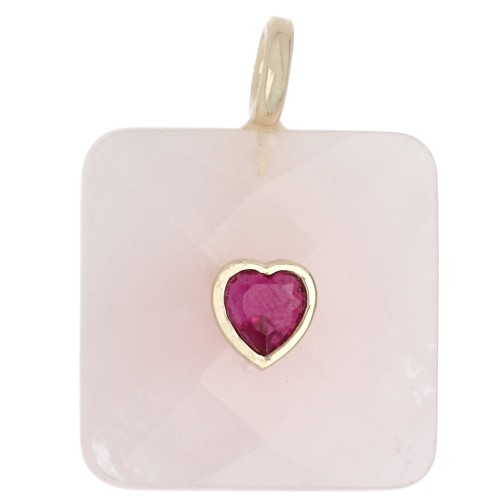 Pendente quadrato sfaccettato 33x25 mm in pietra semipreziosa e cuore in CZ - Quarzo rosa x1