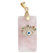 Pendente rettangolare 25x13 mm con pietra semipreziosa, occhio in CZ e resina epossidica - Quarzo rosa