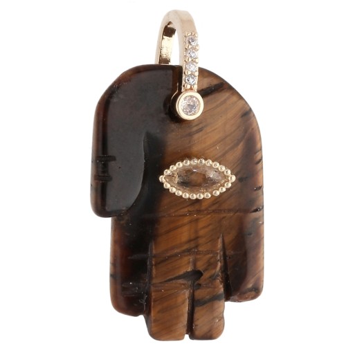 Pendente “Mano di Fatma” 27x17 mm in pietra semipreziosa e ossidi di zirconio, Occhio di tigre