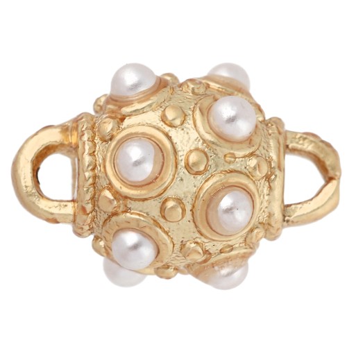 Distanziatore etnico 13x8 mm con cabochon in madreperla - Dorato con oro fino - Bianco x1