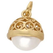 Ciondolo etnico rotondo da 11 mm con cabochon in madreperla - Dorato con oro fino - Bianco x1