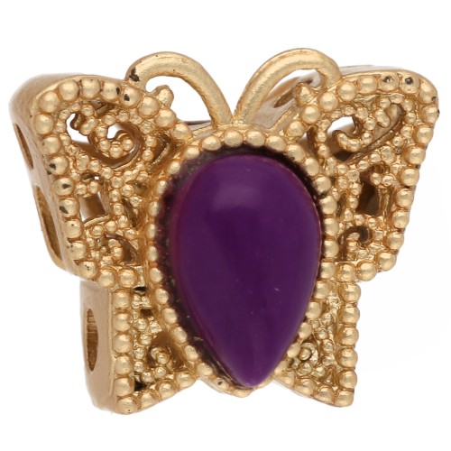 Perla a forma di farfalla 10x11 mm con fori multipli e cabochon - Dorato con oro fino - Viola x1
