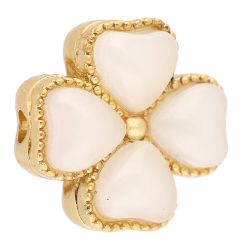 Perla a forma di trifoglio da 13 mm con fori multipli e cabochon in imitazione madreperla - Dorata con oro fino - Bianca