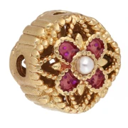 Perla rotonda da 8 mm con motivo floreale, cabochon in madreperla e resina epossidica - Dorata con oro fino