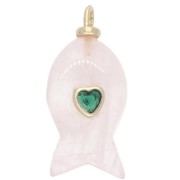 Pendente a forma di pesce 28x13 mm con cuore in CZ e pietra semipreziosa - Quarzo rosa x1