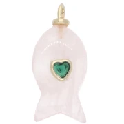 Pendente a forma di pesce 28x13 mm con cuore in CZ e pietra semipreziosa - Quarzo rosa x1