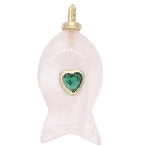 Pendente a forma di pesce 28x13 mm con cuore in CZ e pietra semipreziosa - Quarzo rosa x1