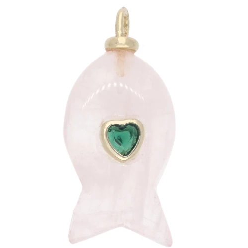 Pendente a forma di pesce 28x13 mm con cuore in CZ e pietra semipreziosa - Quarzo rosa x1