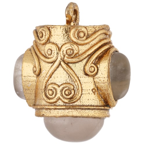 Pendente etnico 18x16 mm con pietre semipreziosi - Dorato con oro fino - Quarzo rosa x1