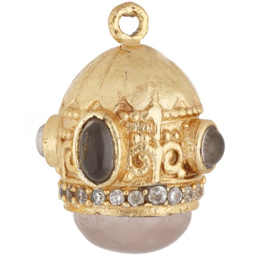 Pendente etnico 21x17 mm con zirconi e pietra semipreziosa - Dorato con oro fino - Quarzo rosa x1