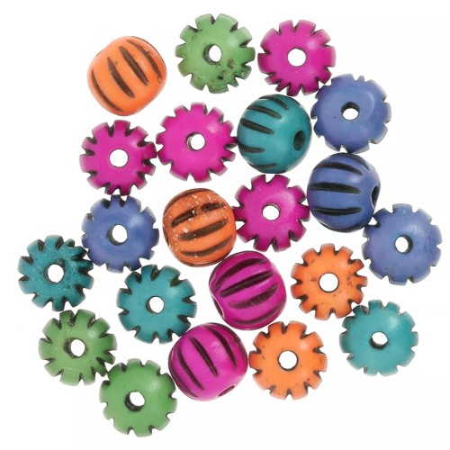 Regalo - Perla rotonda appiattita 12x10 mm in osso inciso - Multicolore x39g