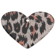 Pendente a forma di cuore 24x34 mm in acetato - Brillantini leopardati neri - Arancione x1