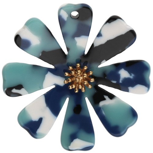 Pendenti a forma di fiore da 40 mm in acetato e acciaio inossidabile 304 Dorato - Multicolore blu - Bianco x2