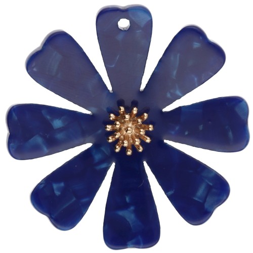 Pendenti a forma di fiore da 40 mm in acetato e acciaio inossidabile 304 Dorato - Blu scuro perlato x2