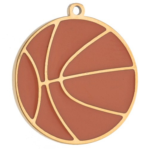 Ciondolo a forma di pallone da basket, 16 mm, resina epossidica - Acciaio inossidabile 316 Dorato - Arancione x1