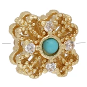 Perla a forma di fiore da 8 mm con zirconi e pietra semipreziosa - Turchese - Dorato con oro fino