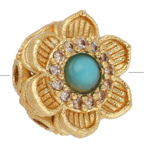 Perla a forma di fiore con fori multipli da 10 mm, con imitazione di pietra semipreziosa e zirconi - Dorato con oro fino