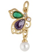 Pendente a forma di farfalla 22x11 mm con zirconi e ciondolo in imitazione di madreperla - Dorato con oro fino|raw }}