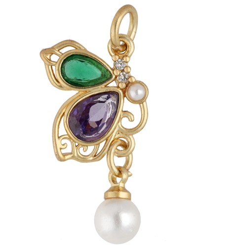 Pendente a forma di farfalla 22x11 mm con zirconi e ciondolo in imitazione di madreperla - Dorato con oro fino